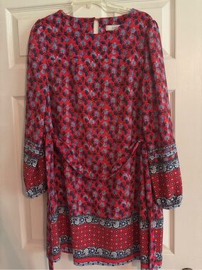 LOFT Red Floral Top with Blue Bloom Print